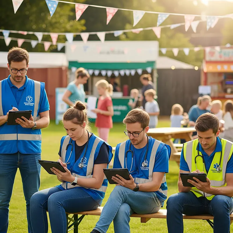 AI: Volunteer medics at a small community event, using tablets for charting, relaxed outdoor scene, local fair vibe