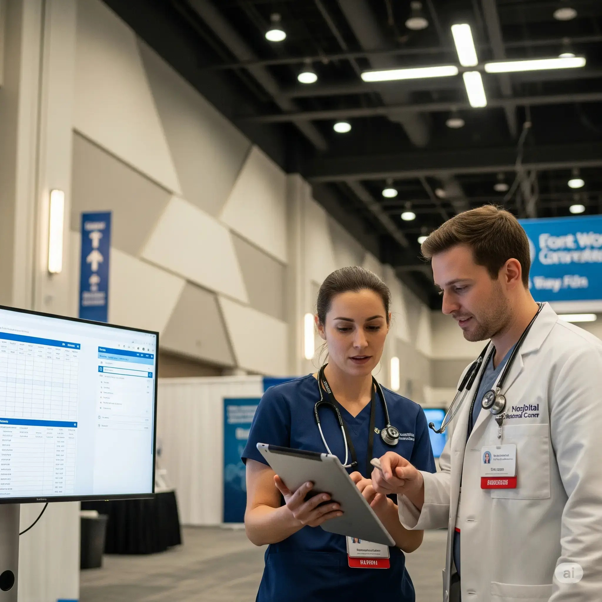 AI: Medical staff at a conference, transferring patient data from a tablet to a hospital EMR, modern indoor setting