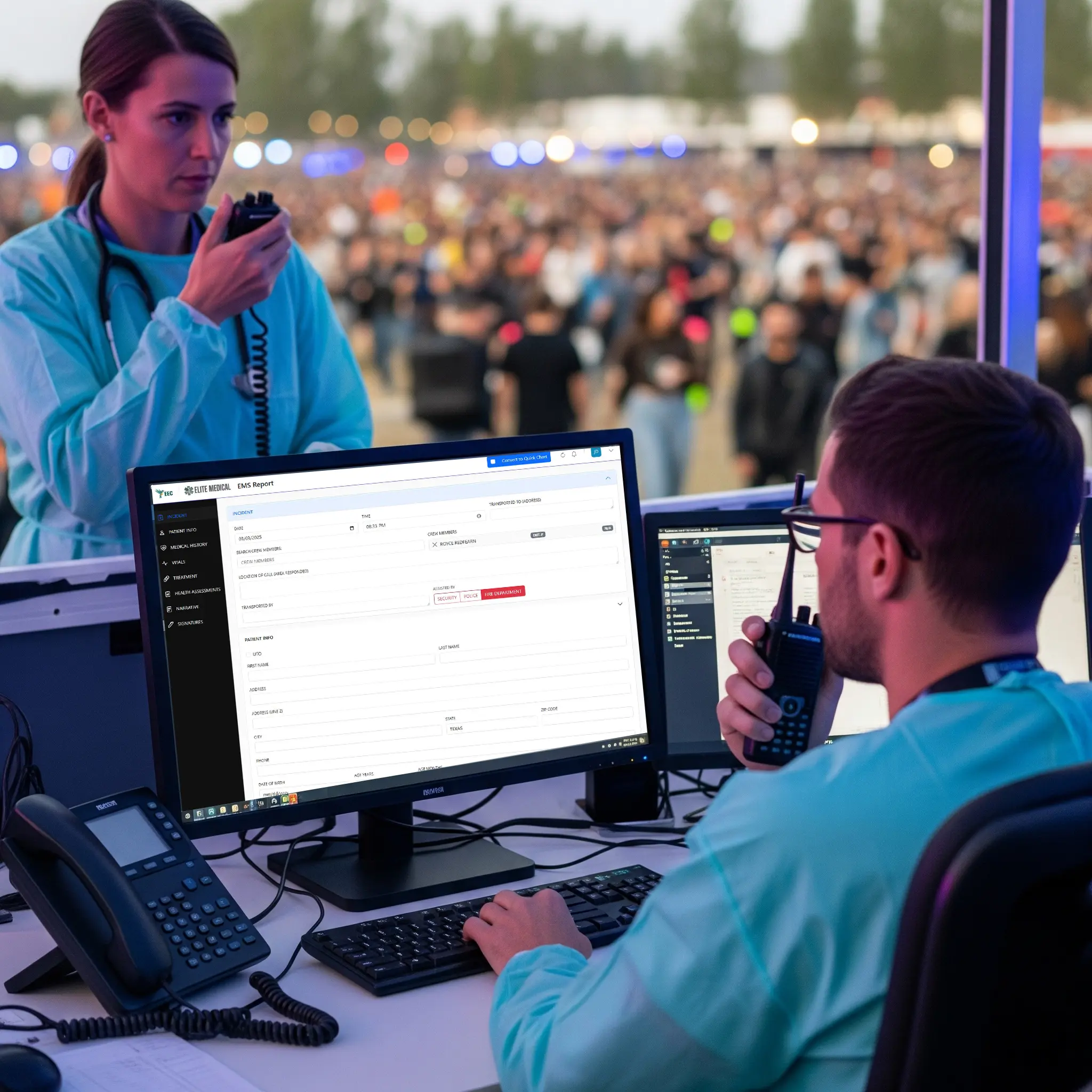 AI: Medical command center at a mass gathering, real-time patient tracking dashboard, staff coordinating via radios, large crowd in background