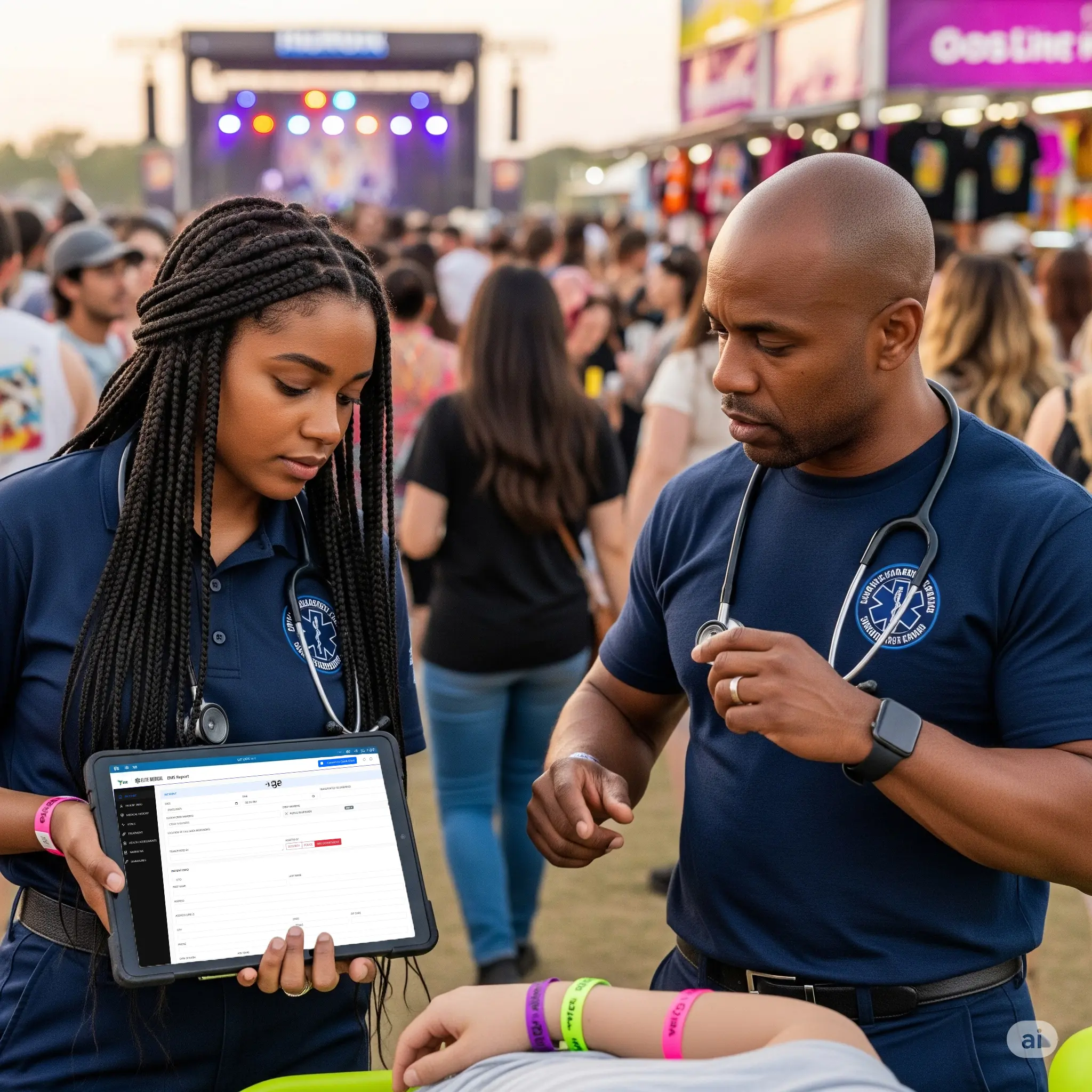 Medics using tablets to perform rapid triage on patients in a crowded outdoor music festival, vibrant crowd, stage in background, energetic atmosphere