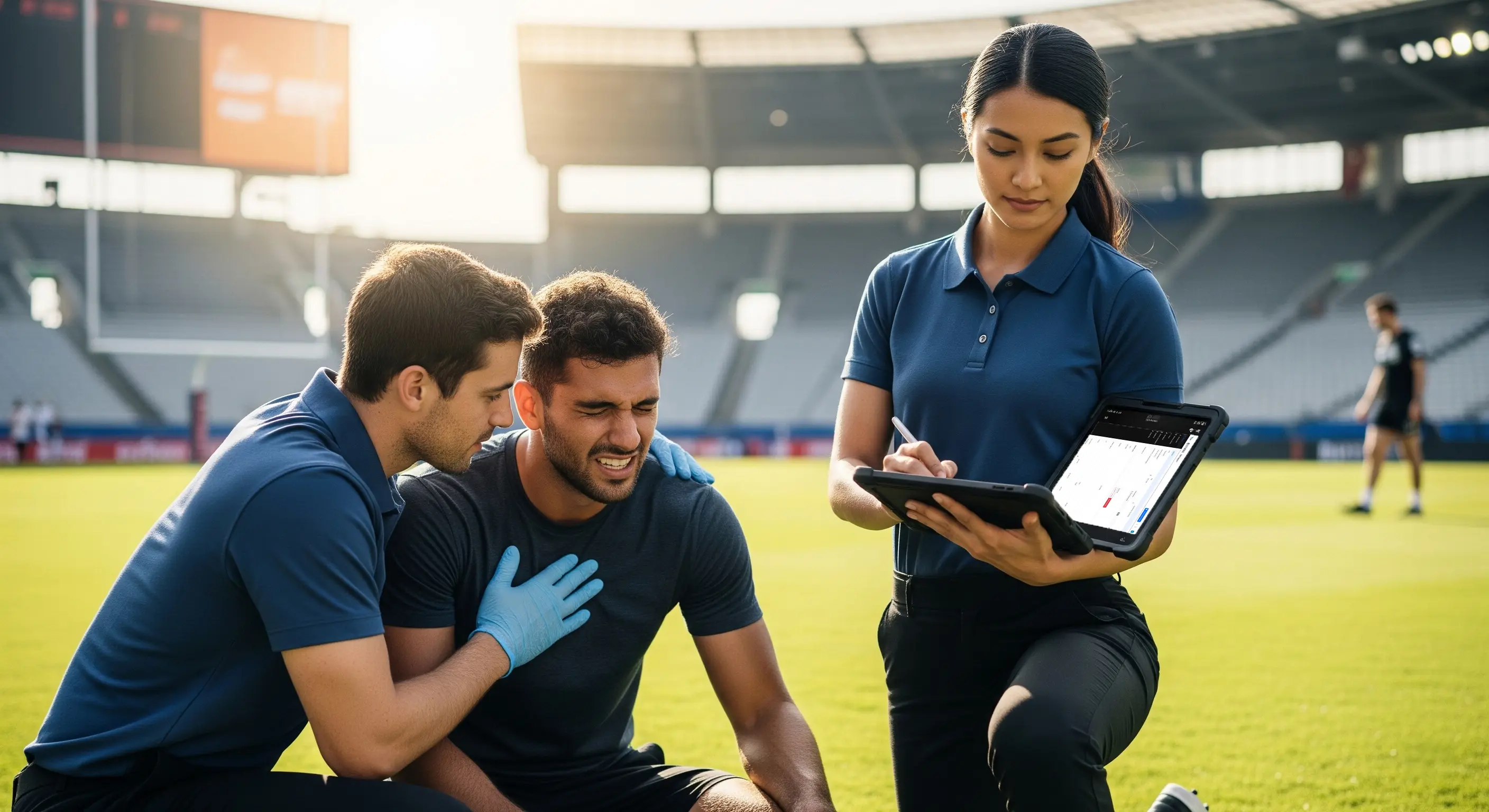 AI: Paramedics treating an athlete on a sports field, documenting incident on a mobile device, action shot, sunny day