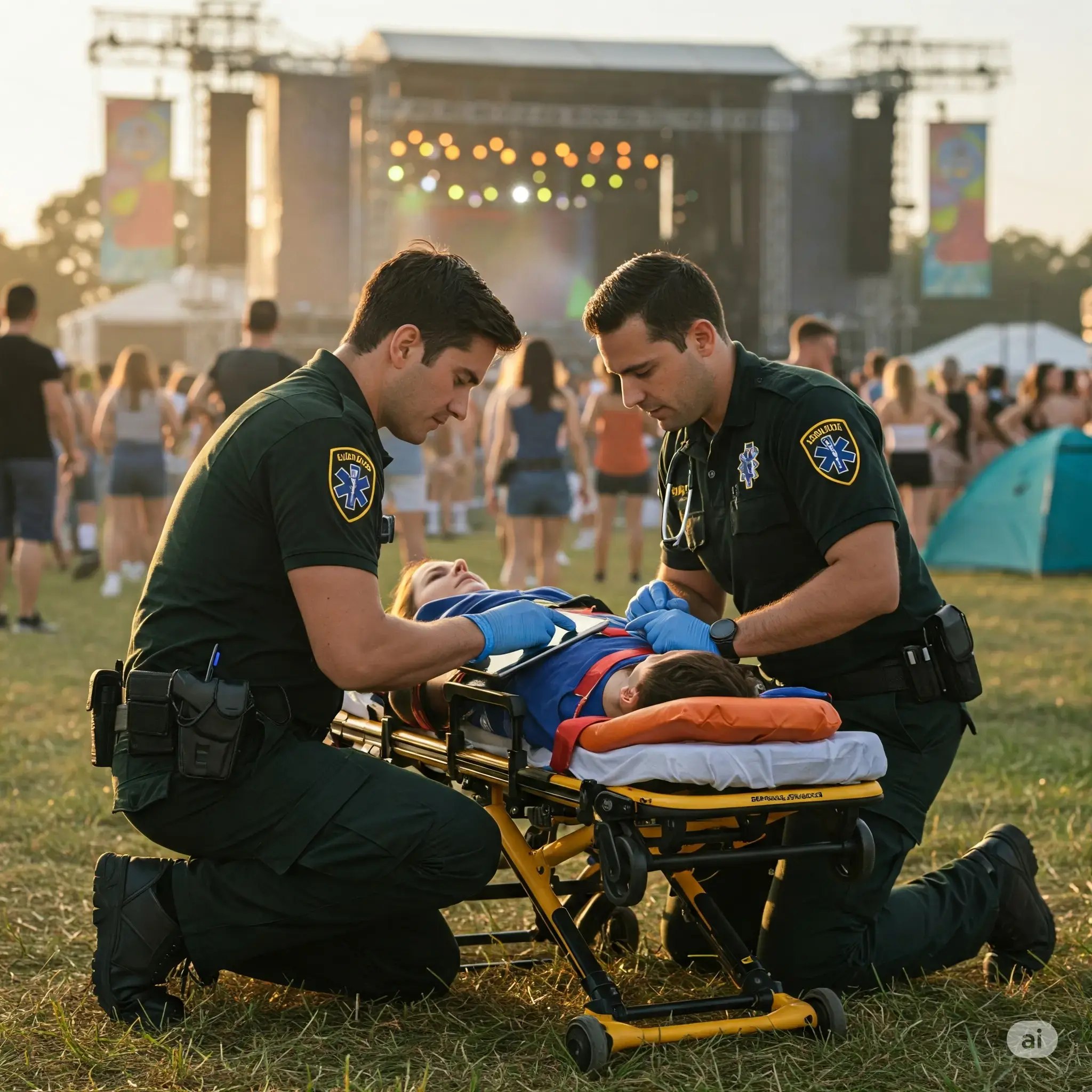 Paramedics efficiently attending to a patient at an event, utilizing EventEMSCharts on a mobile device.
