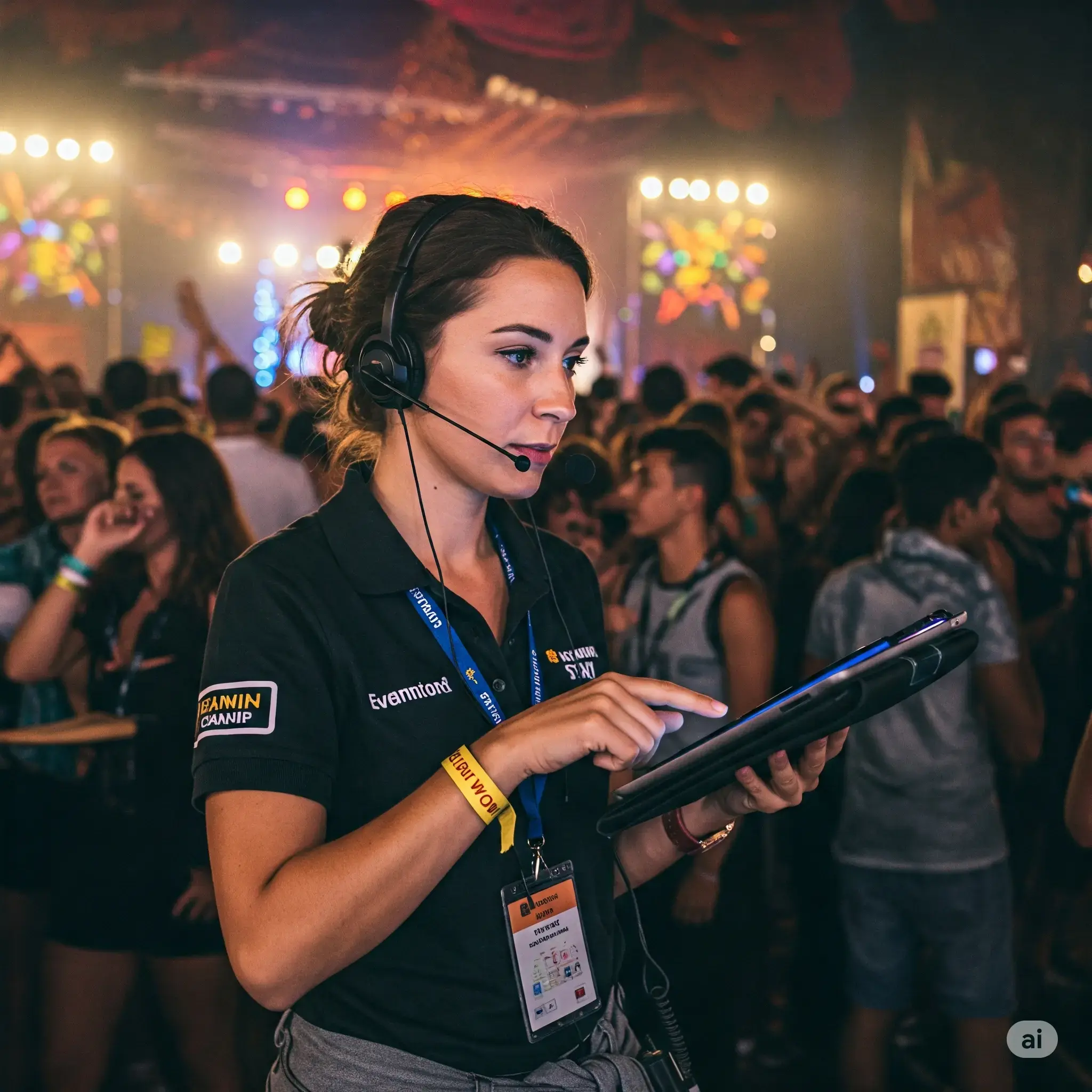 Event organizer efficiently managing a large festival with EventEMSCharts software on a tablet.